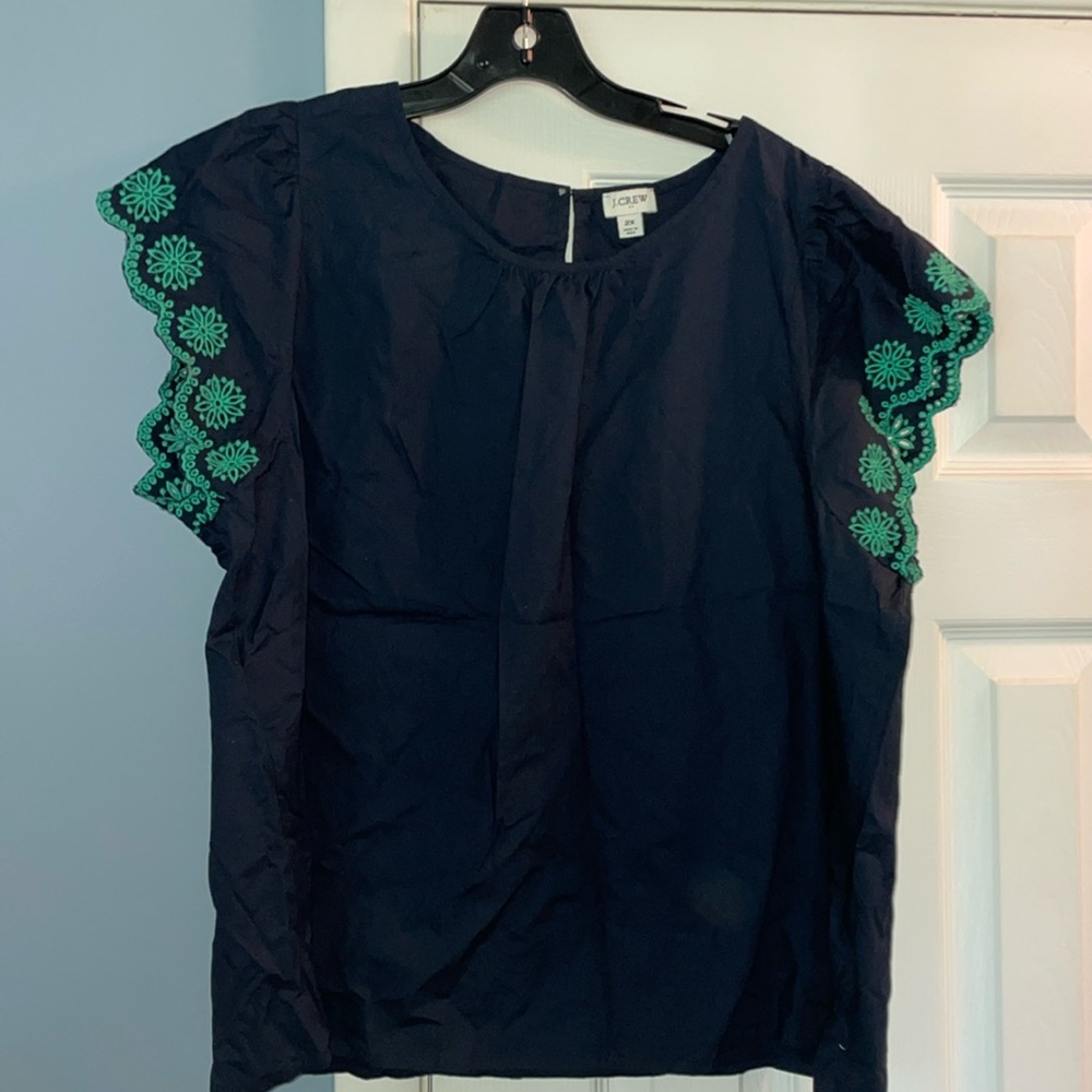 J.Crew navy and green embroidered blouse.  Size 2X.  Excellent condition.